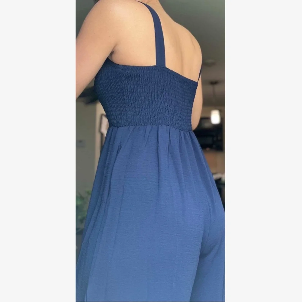 Navy Blue Jumpsuit Slant Pocket Wide Leg Shirred Bodice - Picture 9 of 10